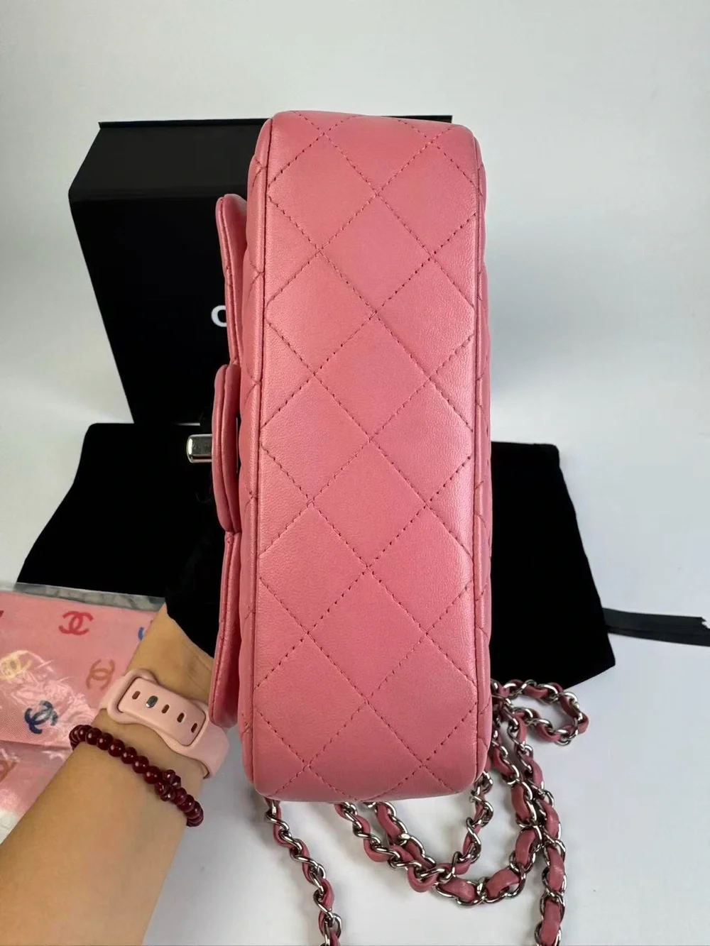 CHANEL Pink Quilted Lambskin Single Flap Shoulder Bag with Silver Chain